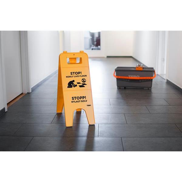 Warning stand "Stop! Newly laid floor"